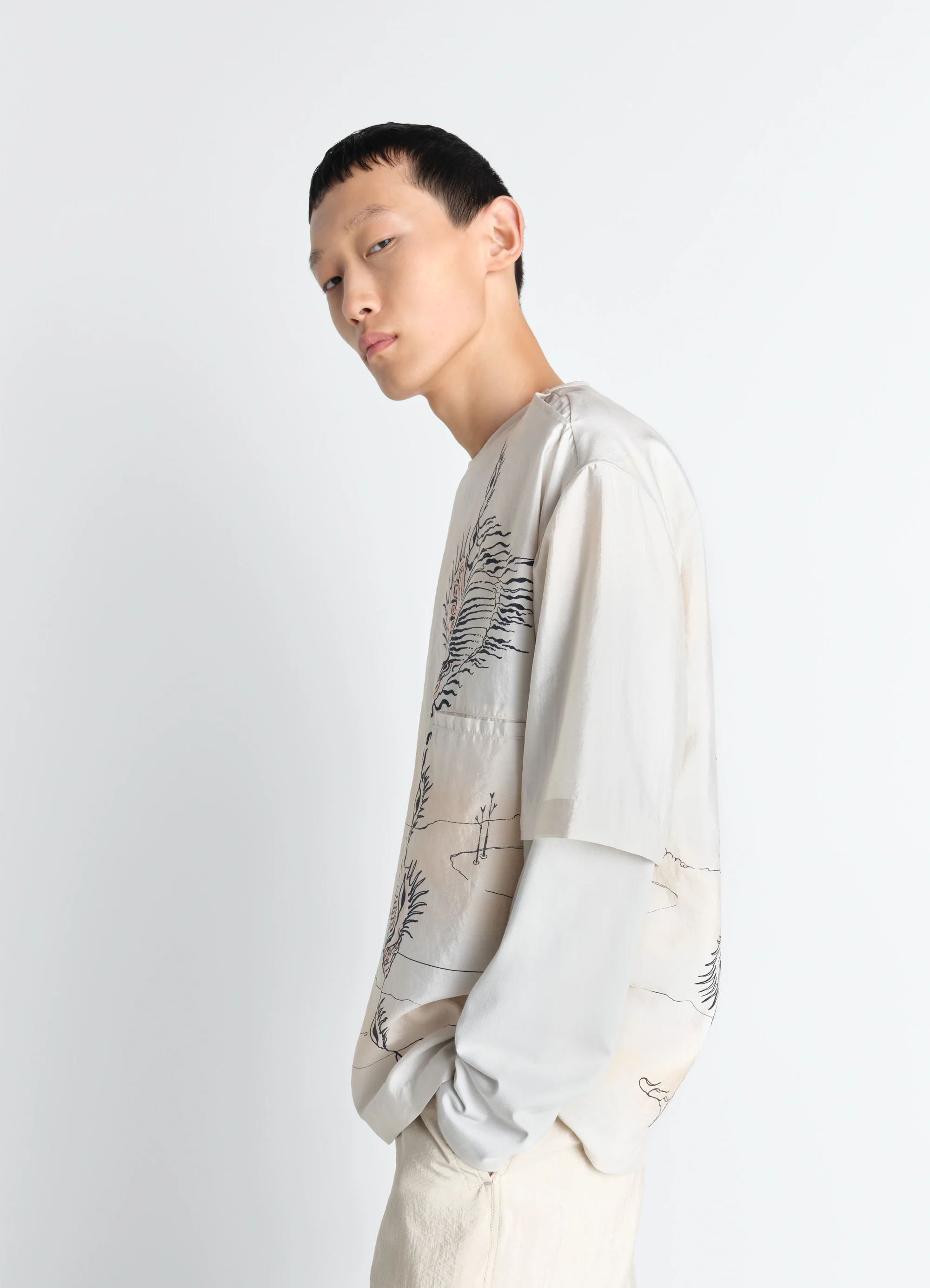 BUTTON NECK TOP IN SHELL PRINTED SILK - Image 3