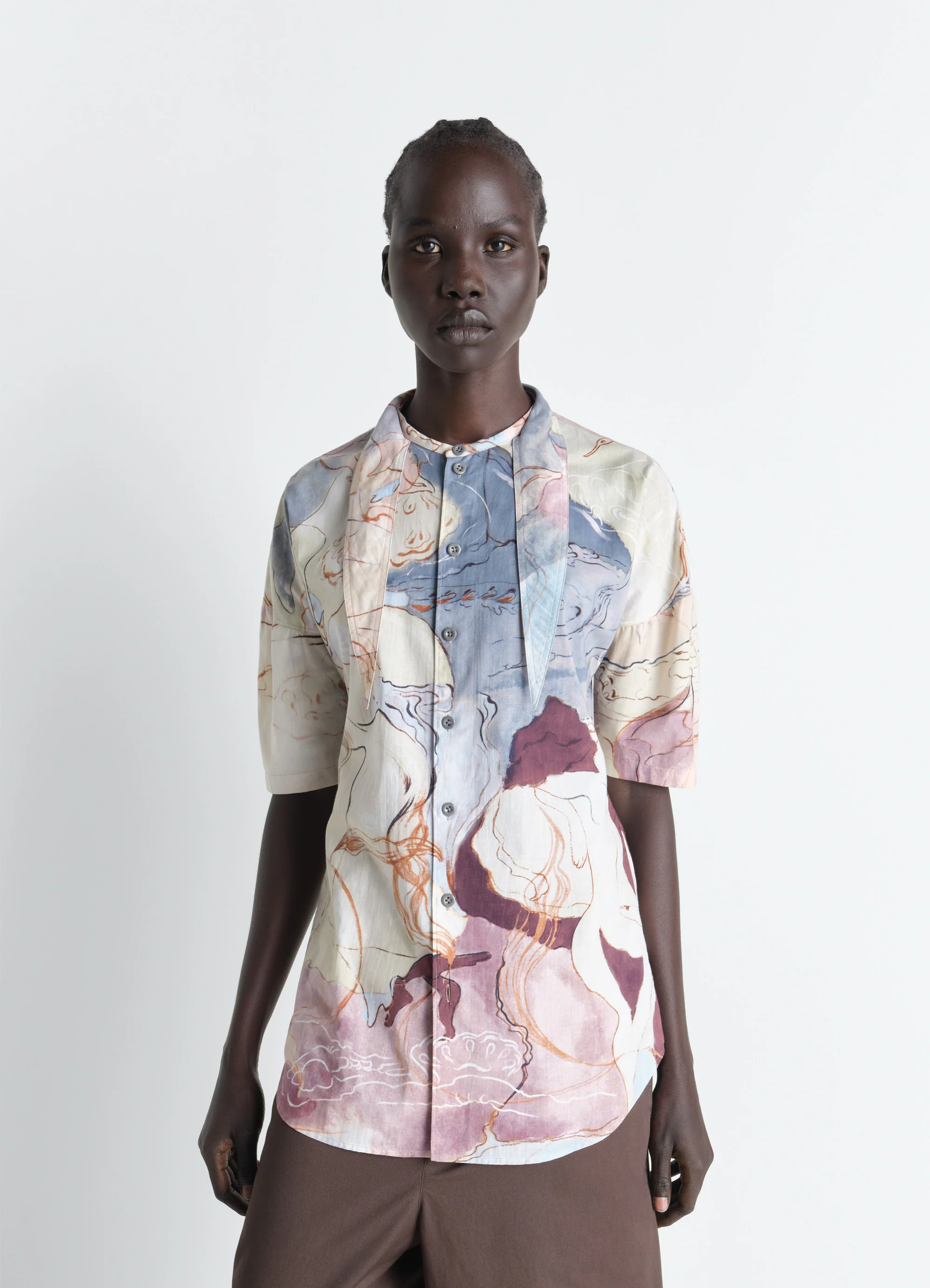 SHORT SLEEVE SHIRT WITH FOULARD IN AQUAREL PRINTED COTTON - Image 3